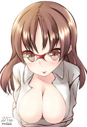 Rule 34 | 10s, 1girl, 2015, artist name, bad id, bad pixiv id, blush, breast hold, breasts, brown eyes, brown hair, chiyoda (kancolle), cleavage, collared shirt, crossed arms, dated, female focus, glasses, grey shirt, kantai collection, large breasts, leaning forward, long sleeves, looking at viewer, nekobaka, open clothes, open shirt, over-rim eyewear, red-framed eyewear, semi-rimless eyewear, shirt, signature, simple background, solo, tongue, tongue out, upper body, white background