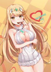 Rule 34 | 1girl, absurdres, arm under breasts, bare arms, bare shoulders, blonde hair, blush, breasts, candy, chocolate, chocolate heart, cleavage, cleavage cutout, clothing cutout, food, gem, headpiece, heart, highres, jewelry, kiiro kimi, large breasts, long hair, looking at viewer, mythra (xenoblade), nintendo, smile, solo, sweater, swept bangs, thigh gap, thighs, tiara, valentine, very long hair, xenoblade chronicles (series), xenoblade chronicles 2, yellow eyes