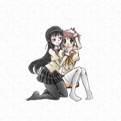 Rule 34 | 10-60, 10s, 2girls, akemi homura, bdsm, black hair, black pantyhose, bondage, bound, bound wrists, bow, eye contact, hair ribbon, hairband, hand in another&#039;s hair, hand on another&#039;s cheek, hand on another&#039;s face, hand on another&#039;s head, highres, kaname madoka, long hair, looking at another, mahou shoujo madoka magica, mahou shoujo madoka magica (anime), multiple girls, pantyhose, pink hair, purple eyes, ribbon, school uniform, short hair, short twintails, simple background, sitting, smile, thighhighs, twintails, white legwear, yuri, zettai ryouiki