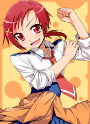 Rule 34 | 10s, 1girl, arm grab, blush, clothes around waist, hair ornament, hairclip, hino akane (smile precure!), jacket, kumadano, open mouth, ponytail, precure, red eyes, red hair, short hair, skirt, sleeves rolled up, smile, smile precure!, solo, sweater, sweater around waist, tied jacket