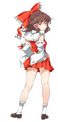 Rule 34 | 1girl, blue eyes, blush, bow, brown hair, detached sleeves, from behind, full body, hair bow, hair tubes, hakurei reimu, hands on own hips, kneepits, looking back, mogg, shoes, short hair, socks, solo, standing, touhou, white socks