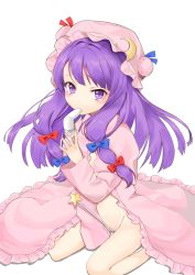 Rule 34 | 1girl, bad id, bad pixiv id, crescent, dress, female focus, harunoibuki, hat, inhaler, long hair, no panties, open clothes, open dress, patchouli knowledge, purple eyes, purple hair, sitting, solo, star (symbol), touhou, wand, wariza