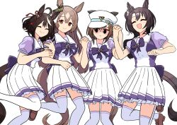 Rule 34 | 4girls, ^ ^, absurdres, ahoge, animal ears, black hair, bocchi the rock!, bow, bowtie, braid, breasts, brown eyes, brown footwear, brown hair, cheval grand (umamusume), closed eyes, ear ornament, empty eyes, facing viewer, feet out of frame, french braid, frilled skirt, frills, gloom (expression), hair ornament, hair ribbon, hairband, half updo, hat, highres, horse ears, horse girl, horse tail, horseshoe ornament, kitasan black (umamusume), large breasts, leg up, loafers, long hair, looking at viewer, multicolored hair, multiple girls, open mouth, parody, peaked cap, petoka, pleated skirt, puffy short sleeves, puffy sleeves, purple bow, purple bowtie, purple shirt, red ribbon, ribbon, sailor collar, sailor shirt, satono crown (umamusume), satono diamond (umamusume), school uniform, serafuku, shirt, shoes, short hair, short sleeves, simple background, skirt, smile, streaked hair, summer uniform, tail, thighhighs, tracen school uniform, umamusume, white background, white hair, white hairband, white headwear, white skirt, white thighhighs