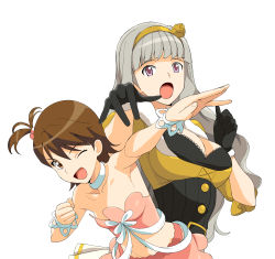Rule 34 | 2girls, 961 production, a1 (initial-g), absurdres, armpits, breasts, brown eyes, brown hair, cleavage, cute &amp; girly (idolmaster), flat chest, futami ami, gloves, grey hair, highres, idolmaster, idolmaster (classic), long hair, medium breasts, multiple girls, non-web source, one eye closed, pink eyes, shijou takane, short hair, wink