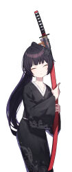 Rule 34 | 1girl, absurdres, aged down, beudelb, black hair, black kimono, breasts, choppy bangs, closed eyes, closed mouth, collarbone, commission, contrapposto, cowboy shot, eyeshadow, facing viewer, floral print, hair ornament, high ponytail, highres, holding, holding sword, holding weapon, japanese clothes, katana, kimono, long bangs, long sleeves, makeup, pixiv commission, print kimono, red eyeshadow, sidelocks, simple background, small breasts, solo, star (symbol), star hair ornament, sword, tatakau ataisuru, weapon, white background, wide sleeves, yamaguchi ryouko