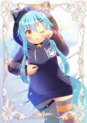 Rule 34 | 1girl, ;o, animal ears, animal hood, asymmetrical legwear, bell, black choker, black hoodie, blue hair, blush, brown eyes, choker, commission, copyright request, drawstring, fake animal ears, hair between eyes, hair ornament, hairclip, hand up, hood, hood up, hoodie, jingle bell, kou hiyoyo, long hair, long sleeves, looking at viewer, mismatched legwear, neck bell, one eye closed, parted lips, skeb commission, sleeves past wrists, solo, striped clothes, striped thighhighs, tail, thigh strap, thighhighs, very long hair, white thighhighs