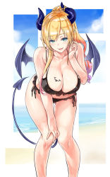 Rule 34 | 1girl, :d, bat tattoo, bent over, bikini, black bikini, blonde hair, blue eyes, blue sky, breast tattoo, breasts, cleavage, cloud, covered erect nipples, day, demon horns, demon tail, demon wings, gradient hair, highres, hololive, horns, kiyama satoshi, large breasts, long hair, looking at viewer, multicolored hair, ocean, open mouth, pointy ears, ponytail, purple hair, red hair, sky, smile, solo, swimsuit, tail, tattoo, virtual youtuber, wings, yuzuki choco