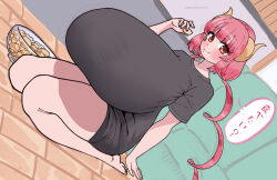 Rule 34 | 1girl, barefoot, black shirt, blunt bangs, blush, breasts, closed mouth, couch, curled horns, dress shirt, dutch angle, eating, feet, full body, gigantic breasts, highres, horns, ilulu (maidragon), indoors, kneeling, kobayashi-san chi no maidragon, lemonbizate, looking at viewer, pink hair, red eyes, shirt, sitting, slit pupils, soles, solo, speech bubble, text focus, toes, twintails, wariza