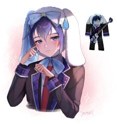 Rule 34 | 1boy, animal hat, blue eyes, blue hair, blush, bow, commentary, crying, crying with eyes open, dog hat, dreamxiety, english commentary, hands up, hat, highres, kaito (vocaloid), looking at viewer, necktie, pixiv username, plaid, pout, project sekai, reference inset, ribbon, roblox, shirt, short hair, simple background, sparkle, star (symbol), tears, two-tone background, uniform, upper body, vocaloid