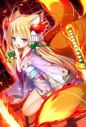 Rule 34 | 1girl, animal ears, bare legs, bare shoulders, blonde hair, blunt bangs, covering own mouth, cowboy shot, emia (castilla), fang, fire, floral print, fox ears, fox tail, from side, hair ornament, hand over own mouth, highres, japanese clothes, jitome, katana, kimono, long hair, looking at viewer, mitsuki (p&amp;d), multiple tails, obi, off shoulder, purple eyes, puzzle &amp; dragons, sash, short kimono, sleeves past wrists, solo, sword, tail, very long hair, weapon