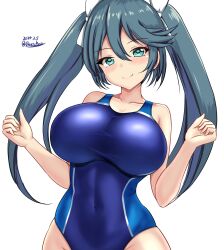 Rule 34 | 1girl, blue eyes, blue hair, blue one-piece swimsuit, blush, breasts, competition swimsuit, covered navel, cowboy shot, dated, hair between eyes, hair ribbon, highres, impossible clothes, impossible swimsuit, isuzu (kancolle), kantai collection, large breasts, long hair, looking at viewer, montemasa, one-piece swimsuit, ribbon, smile, solo, swimsuit, twitter username, two-tone swimsuit, white background, white ribbon