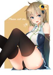 Rule 34 | 1girl, ahoge, bad id, bad nicoseiga id, bare shoulders, blue eyes, breasts, brown hair, commentary request, detached sleeves, english text, hair ornament, highres, large breasts, looking at viewer, open mouth, original, panties, pantyshot, sitting, solo, thighhighs, thighs, underwear, warashi