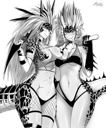 Rule 34 | 2girls, braid, breasts, cleavage, cowboy shot, fishnets, greyscale, highres, holding, holding weapon, horns, monochrome, monster girl, multiple girls, navel, one-punch man, pointy ears, raptora, reptera, shiny skin, siblings, sisters, tail, weapon