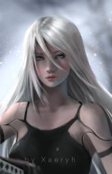 Rule 34 | 1girl, android, artist name, blue eyes, highres, joints, lips, long hair, looking at viewer, makeup, mole, mole under mouth, nier, nier (series), nier:automata, portrait, robot joints, silver hair, solo, xaeryh, a2 (nier:automata)
