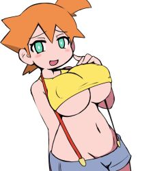 Rule 34 | 1girl, adapted costume, asymmetrical hair, bare legs, blush, breast slip, breasts, cleavage, covered erect nipples, cowboy shot, creatures (company), crop top, game freak, green eyes, gym leader, large breasts, legs, looking at viewer, misty (pokemon), miyazero, nintendo, nipples, open mouth, orange hair, pokemon, pokemon (anime), pokemon (classic anime), ponytail, shirt, short hair, side ponytail, simple background, smile, solo, suspenders, tank top, underboob, upper body, white background, yellow shirt, yellow tank top