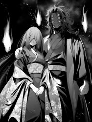 Rule 34 | 1boy, 1girl, arm at side, closed mouth, covered eyes, demon boy, extra eyes, facial mark, feet out of frame, fire, flipped hair, floating hair, from below, frown, hair over eyes, hand on another&#039;s shoulder, hand up, haori, height difference, highres, hitodama, japanese clothes, kimetsu no yaiba, kimono, kokushibou, long hair, long sleeves, looking at viewer, nakime (kimetsu no yaiba), obi, own hands together, ponytail, sash, shawl, standing, tagimane01, text in eyes, v arms, very long hair