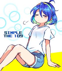 Rule 34 | 1girl, ahoge, alternate costume, blue hair, blue shorts, blush stickers, closed mouth, feet out of frame, hair between eyes, hairband, highres, multicolored hairband, pote (ptkan), rainbow gradient, shirt, short hair, short sleeves, shorts, solo, tenkyuu chimata, touhou, white shirt