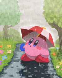 Rule 34 | :o, blue eyes, blue flower, blush, blush stickers, bush, cloud, cloudy sky, commentary request, copy ability, flower, grass, highres, holding, holding umbrella, kirby, kirby (series), looking up, miclot, nintendo, no humans, orange flower, outdoors, overcast, parasol, parasol kirby, path, pink flower, plant, puddle, purple flower, rain, road, sky, solo, standing, tree, umbrella, white flower, yellow flower