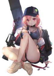 Rule 34 | 1girl, arm support, ass, assault rifle, backpack, bag, bare legs, baseball cap, black hat, black jacket, black nails, black shorts, blush, breasts, chain, choker, cleavage, collarbone, crop top, cutoffs, fence, fishnets, gun, hat, highres, honeycomb (pattern), jacket, knee up, large breasts, long hair, long sleeves, looking at viewer, m4 carbine, midriff, nail polish, off shoulder, open clothes, open jacket, original, parted lips, pink eyes, pink hair, rifle, shoes, short shorts, shorts, simple background, sitting, sneakers, solo, sports bra, thighs, v-shaped eyebrows, weapon, white background, white footwear, whoisshe