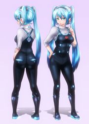 Rule 34 | 1girl, aqua hair, ass, bad id, bad pixiv id, breasts, green eyes, hand on own hip, hatsune miku, headphones, highres, long hair, nail polish, overalls, pink background, saodake, solo, suspenders, twintails, very long hair, vocaloid