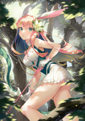 Rule 34 | 1girl, :o, acco (sh in), animal ears, arrow (projectile), blonde hair, blue hair, blush, bottomless, bow (weapon), breasts, character request, cleavage, copyright request, dress, flower, forest, frills, gloves, green eyes, green flower, hair flower, hair ornament, highres, leaf, long hair, looking at viewer, looking back, medium breasts, multicolored hair, nature, no panties, parted lips, pink hair, rabbit ears, solo, tree, weapon, white gloves