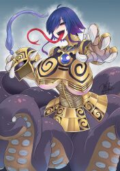 Rule 34 | 1girl, armor, breasts, character request, claws, fangs, forked tongue, helmet, holding, holding helmet, huge breasts, kirisaki byakko, long tongue, monster girl, red eyes, sharp teeth, short hair, signature, solo, teeth, tentacles, tongue, tongue out, yu-gi-oh!