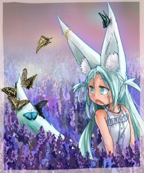 Rule 34 | 1girl, :o, animal ears, bare arms, bare shoulders, blue eyes, blue hair, bug, butterfly, butterfly on head, child, commentary request, doitsuken, dress, earrings, fang, field, flower, flower field, fox ears, fox girl, fox tail, highres, insect, jewelry, lavender (flower), looking away, looking back, necklace, open mouth, original, solo, sundress, tail