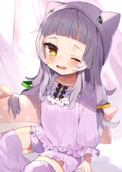 Rule 34 | 1girl, ;o, absurdres, aged down, animal ears, bad id, bad pixiv id, bloomers, blunt bangs, cat ears, commentary request, fake animal ears, frills, hair ornament, hat, highres, hololive, long hair, long sleeves, looking at viewer, low-tied long hair, low twintails, murasaki shion, noi mine, one eye closed, pajamas, pillow, purple thighhighs, sidelocks, silver hair, sitting, solo, thighhighs, twintails, underwear, virtual youtuber, waking up, yellow eyes, zettai ryouiki