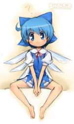 Rule 34 | 1girl, :3, ?, barefoot, blue eyes, blue hair, bow, cirno, feet, kanno, matching hair/eyes, short hair, sketch, smile, solo, embodiment of scarlet devil, touhou, wings