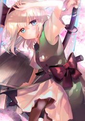 Rule 34 | 1girl, absurdres, black hairband, black pantyhose, black ribbon, blue eyes, bob cut, bow, breasts, cherry blossoms, closed mouth, expressionless, feet out of frame, floating, green skirt, green vest, hair ribbon, hairband, hand on forehead, highres, huge filesize, katana, konpaku youmu, light blush, looking at viewer, omodaka romu, outdoors, pantyhose, petticoat, red bow, ribbon, sheath, sheathed, shirt, short hair, silver hair, skirt, small breasts, solo, sword, touhou, tree, vest, weapon, white shirt