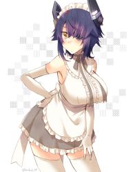 Rule 34 | 1girl, alternate costume, apron, blush, breasts, brown eyes, closed mouth, elbow gloves, eyepatch, gloves, hair over one eye, hand on own hip, kantai collection, kotobuki (momoko factory), large breasts, looking at viewer, maid, maid apron, maid headdress, messy hair, purple hair, short hair, sleeveless, solo, tenryuu (kancolle), thighhighs, twitter username, white gloves, white thighhighs