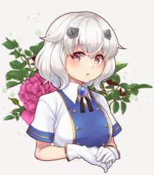 Rule 34 | 1girl, alternate breast size, azur lane, blush, breasts, bulldog (azur lane), buttons, collared shirt, commentary request, cropped torso, floral background, flower, gloves, hair between eyes, hair ornament, highres, large breasts, looking at viewer, own hands together, parted lips, partial commentary, pucho, red eyes, rose, shirt, short hair, sidelocks, solo, sparkle, taut clothes, taut shirt, white background, white gloves, white hair, white shirt