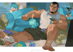 Rule 34 | 1boy, absurdres, atcesolcyc, bandaged foot, bandages, bara, beard, big nose, black hair, black shorts, black socks, blue eyes, buzz cut, calf, chinese commentary, clenched teeth, closed eyes, commentary request, commission, controller, creatures (company), dark-skinned male, dark skin, facial hair, feet, full body, game freak, gen 3 pokemon, gen 8 pokemon, highres, male focus, matt (pokemon), mature male, mudkip, muscular, muscular male, nintendo, pectoral cleavage, pectorals, pokemon, pokemon (creature), pokemon oras, quaxly, remote control, second-party source, shirt, short hair, shorts, sidepec, sitting, sleeveless, sleeveless shirt, smell, sobble, socks, soles, solo focus, spread legs, steaming body, substitute (pokemon), sweat, teeth, toes, unworn socks, veins, veiny arms, very short hair, white shirt