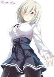 Rule 34 | 10s, 1girl, alternate costume, blue eyes, blush, breasts, corset, dress, hair ornament, hair over one eye, hamakaze (kancolle), izumi akane, kantai collection, large breasts, looking at viewer, meme attire, pantyhose, short hair, silver hair, simple background, skirt, smile, solo, twitter username, virgin killer outfit, white background