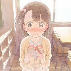 Rule 34 | 1girl, bad id, bad pixiv id, blush, box, brown eyes, brown hair, cardigan, chair, child, commentary, d:, desk, gift, gift box, heart-shaped box, holding, holding box, holding gift, incoming gift, long sleeves, looking at viewer, nervous, nose blush, one side up, open mouth, original, school, school chair, school desk, school uniform, shelf, shirt, short hair, solo, tsuke (maholabo), upper body, valentine, wavy mouth, white shirt, window, wooden floor, yellow cardigan
