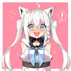 Rule 34 | !, 1girl, @ @, ahoge, animal ear fluff, animal ears, blue neckerchief, blush, border, bound, braid, breasts, commentary request, detached sleeves, flying sweatdrops, fox ears, fox girl, green eyes, hair between eyes, highres, hololive, hood, hoodie, hoppege, long hair, looking at viewer, neckerchief, open mouth, pink background, shirakami fubuki, shirakami fubuki (1st costume), sidelocks, simple background, single braid, small breasts, solo, sweatdrop, tied up (nonsexual), twintails, virtual youtuber, white hair, white hoodie