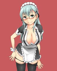 Rule 34 | 10s, 1girl, apron, aqua eyes, aqua hair, black thighhighs, blush, breasts, cleavage, full body, glasses, hair between eyes, hair ornament, hairclip, kantai collection, large breasts, long hair, looking at viewer, maid, maid apron, maid headdress, moshi (atelier33-4), panties, panty pull, pulled by self, red background, simple background, smile, solo, suzuya (kancolle), thighhighs, underwear, wrist cuffs