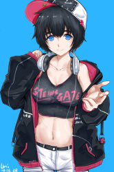 Rule 34 | 1girl, alternate costume, baseball cap, black hair, blue background, blue eyes, breasts, cleavage, collarbone, commentary request, copyright name, cowboy shot, crop top, dated, digital media player, hat, headphones, headphones around neck, highres, hood, hoodie, looking at viewer, medium breasts, midriff, navel, reaching, reaching towards viewer, revision, shiina mayuri, short hair, short shorts, shorts, signature, simple background, sleeveless, smile, solo, sports bra, steins;gate, tank top, unique (pixiv12704744), upa (steins;gate)