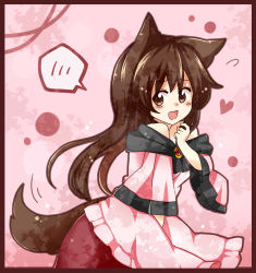 Rule 34 | 1girl, animal ears, bare shoulders, blush, brooch, brown hair, dress, heart, highres, imaizumi kagerou, jewelry, long sleeves, looking at viewer, open mouth, red eyes, solo, speech bubble, tail, totoharu (kujirai minato), touhou, wide sleeves, wolf ears, wolf tail