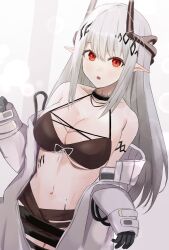 Rule 34 | 1girl, arknights, bikini, black bikini, black gloves, breasts, coat, commentary, cowboy shot, gloves, grey hair, long hair, looking at viewer, matsutake in, medium breasts, mudrock (arknights), mudrock (silent night) (arknights), navel, off shoulder, official alternate costume, open clothes, open coat, open mouth, pointy ears, red eyes, sarong, solo, swimsuit, white coat