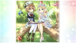 Rule 34 | 10s, 2girls, absurdres, animal, animal on head, bird, bird on head, blanc (neptunia), blonde hair, blue dress, blue eyes, book, boots, bouquet (neptunia), brown footwear, brown gloves, brown hair, detached sleeves, dress, expressionless, fairy wings, fingerless gloves, flower, four goddesses online: cyber dimension neptune, game cg, gloves, hair flower, hair ornament, happy, hat, highres, in tree, long hair, long sleeves, looking at another, multiple girls, mushroom, neck ribbon, necktie, neptune (series), on head, pointing, ribbon, rose, sandals, shoes, short hair, sitting, sitting in tree, thighhighs, tree, tsunako, white dress, white footwear, white gloves, white legwear, wings, zettai ryouiki