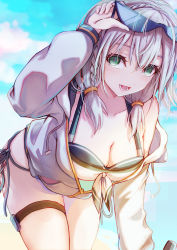 Rule 34 | 1girl, adjusting eyewear, alternate costume, alternate hairstyle, bikini, braid, breasts, cleavage, countlen, cowboy shot, green eyes, highres, hololive, hood, hooded jacket, jacket, large breasts, leaning forward, low twintails, mole, mole on breast, open mouth, shirogane noel, short hair, side-tie bikini bottom, side braid, silver hair, smile, solo, summer, sunglasses, swimsuit, thigh strap, twintails, virtual youtuber