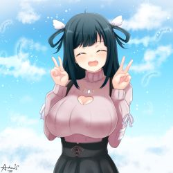 Rule 34 | absurdres, amano nene (vtuber), breasts, cleavage cutout, clothing cutout, double v, falling feathers, feathers, heart cutout, highres, large breasts, pink sweater, production kawaii, skirt, solo, suspender skirt, suspenders, sweater, turtleneck, turtleneck sweater, v, virtual youtuber, wing hair ornament, yuuseiakane