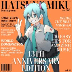 Rule 34 | 1girl, anniversary, barcode, black thighhighs, breasts, commentary, cover, detached sleeves, english commentary, english text, fake magazine cover, green eyes, green hair, grey shirt, hair between eyes, hatsune miku, leaning forward, long hair, magazine cover, magister, necktie, orange background, shirt, shoulder tattoo, sleeveless, sleeveless shirt, small breasts, solo, tattoo, thighhighs, twintails, v, very long hair, vocaloid, zettai ryouiki