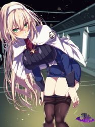 Rule 34 | 1girl, angry, black pantyhose, blonde hair, blue dress, blush, breasts, capelet, clenched teeth, clothes pull, dress, earrings, green eyes, hairband, highres, jewelry, large breasts, long hair, looking at viewer, low twintails, military, military uniform, mitsuba greyvalley, panties, pantyhose, pantyhose pull, red neckwear, removing legwear, solo, super robot wars, super robot wars 30, tajima yoshikazu, teeth, triangle earrings, twintails, underwear, uniform, white capelet, white footwear, white hairband