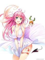 Rule 34 | 1boy, 1girl, :d, ahoge, blush, breasts, cleavage, copyright notice, cosplay, cropped legs, demon tail, dress, green eyes, highres, lala satalin deviluke, large breasts, marilyn monroe, marilyn monroe (cosplay), official art, open mouth, orange hair, pink hair, smile, tail, thighs, to love-ru, white background, white dress, wind, wind lift, yuuki rito