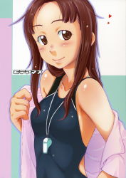 Rule 34 | blush, brown eyes, brown hair, competition swimsuit, dressing, forehead, heart, highres, kawada tomoko, kimi kiss, off shoulder, one-piece swimsuit, sakura kotetsu, shirt, smile, solo, swimsuit, swimsuit under clothes, upper body, wet, whistle