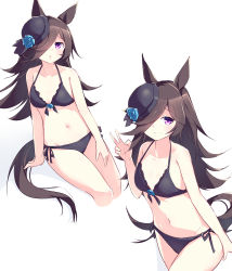 Rule 34 | 1girl, absurdres, animal ears, arm support, bare arms, bare shoulders, bikini, black bikini, black headwear, blue flower, blue rose, blush, breasts, brown hair, closed mouth, collarbone, cropped legs, flower, groin, hair over one eye, halterneck, hand up, hat, hat flower, highres, horse ears, horse girl, horse tail, invisible chair, kanzakietc, long hair, looking at viewer, multiple views, navel, parted lips, rice shower (umamusume), rose, side-tie bikini bottom, simple background, sitting, small breasts, smile, swimsuit, tail, umamusume, v, white background