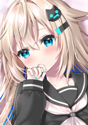 Rule 34 | 1girl, black sailor collar, black shirt, blonde hair, blue eyes, blue hair, blue nails, blush, cat hair ornament, collarbone, commentary request, covered mouth, hair between eyes, hair ornament, hairclip, hand up, indie virtual youtuber, long hair, long sleeves, looking at viewer, multicolored hair, nail polish, neckerchief, puffy long sleeves, puffy sleeves, sailor collar, school uniform, serafuku, shirt, signature, sleeves past wrists, solo, two-tone hair, uchuuneko, uchuuneko (vtuber), virtual youtuber, white neckerchief