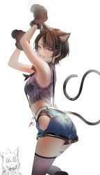 Rule 34 | 1girl, absurdres, animal ears, animal hands, anya&#039;s heh face (meme), arms up, black panties, blue eyes, brown hair, cat ears, cat paws, cat tail, embarrassed, from behind, hair ornament, hairclip, highres, hip vent, hololive, hyde (tabakko), lace, lace-trimmed panties, lace trim, looking at viewer, looking back, meme, oozora subaru, oozora subaru (work), panties, panty peek, pinstripe pattern, pinstripe shirt, shirakami fubuki, shirt, short hair, shorts, simple background, solo focus, striped, suspender shorts, suspenders, tail, thighhighs, underwear, virtual youtuber, white background